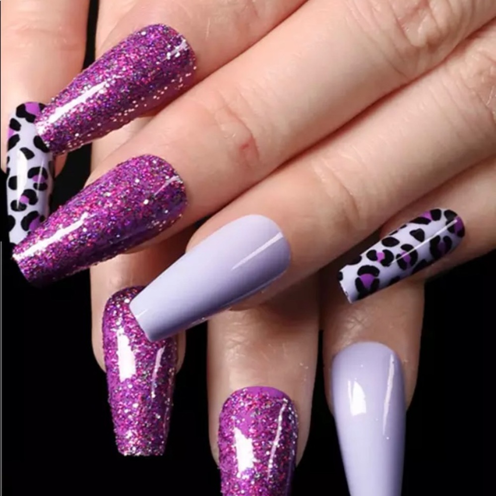 Purple Coffin Glitter & Animal Print Nails